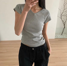 將圖片載入圖庫檢視器 超顯瘦V領直紋上衣
