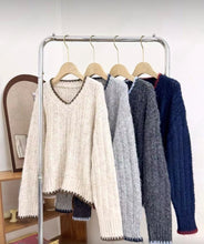 將圖片載入圖庫檢視器 V領花紋撞色邊針織上衣
