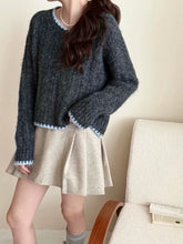 將圖片載入圖庫檢視器 V領花紋撞色邊針織上衣
